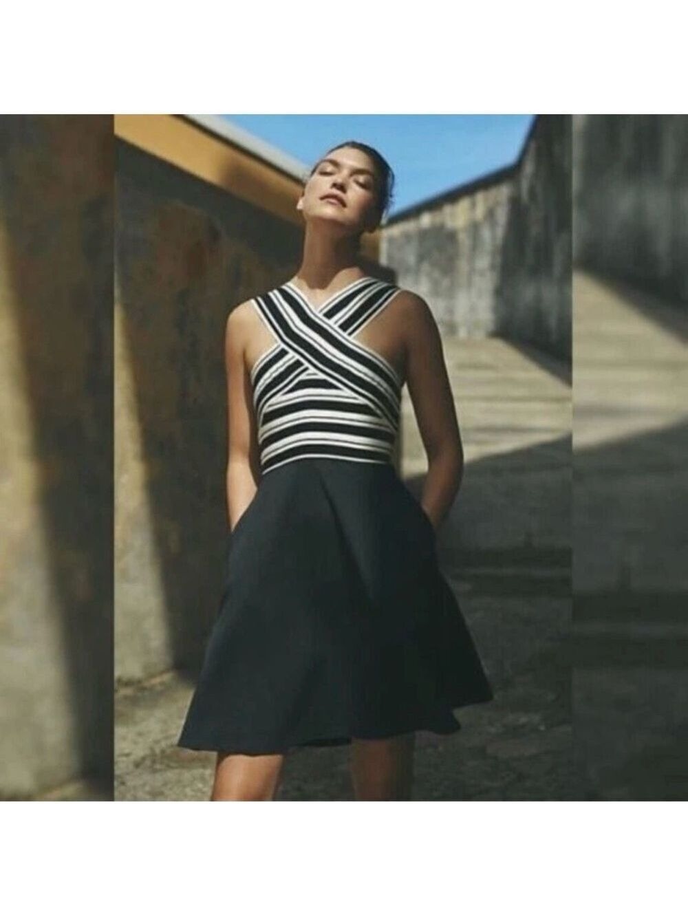 Anthropologie Black White Stripe Cross Front Mini Dress Size 2